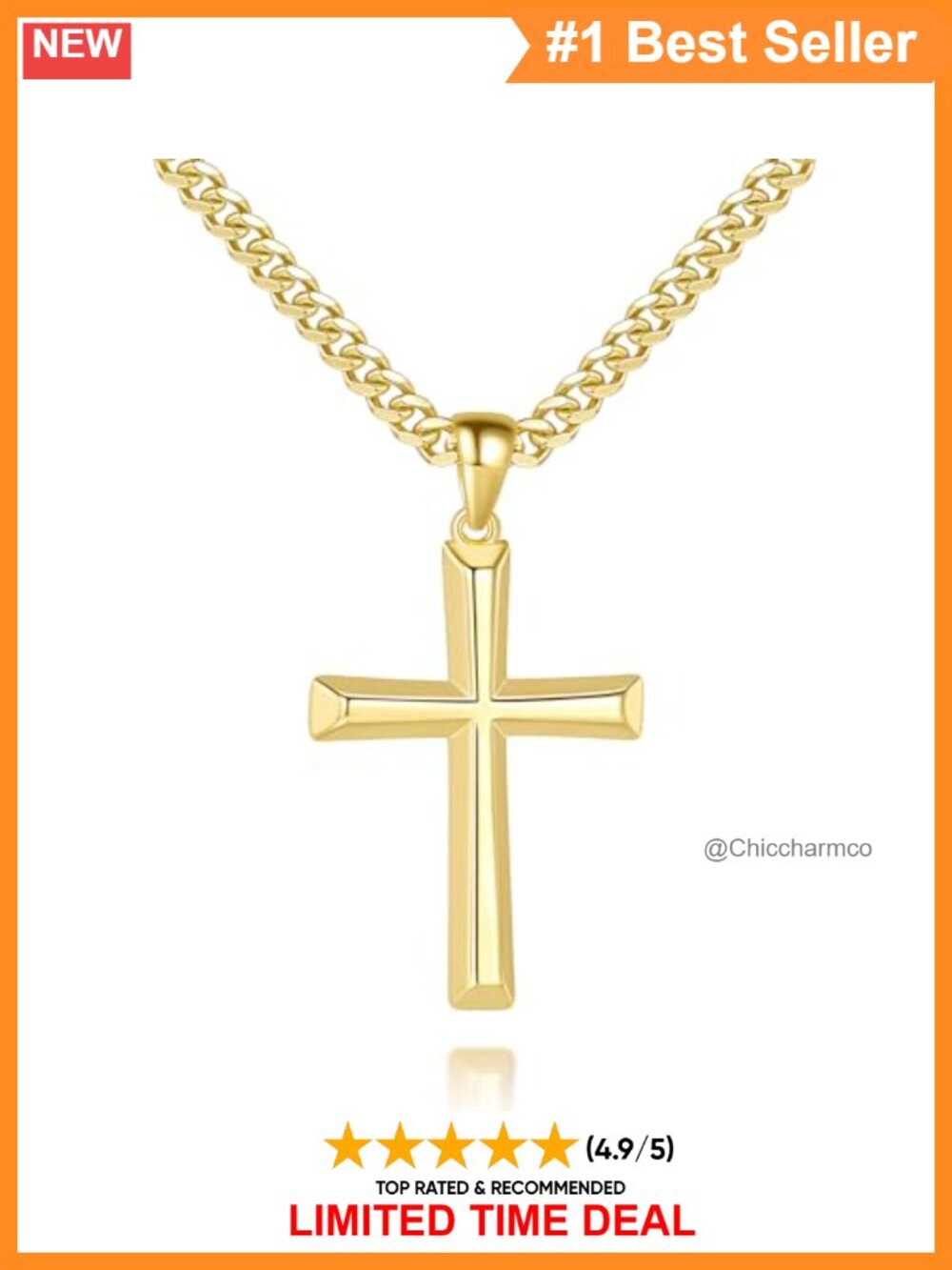 Men's Cross Necklace Gold Plated 14K Cuban Chain 4.3mm Minimalist